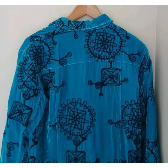Vtg Chico’s Velvet Embroidered Button Down Silk Jacket Top Size 1 Medium 8 Blue - Picture 7 of 8